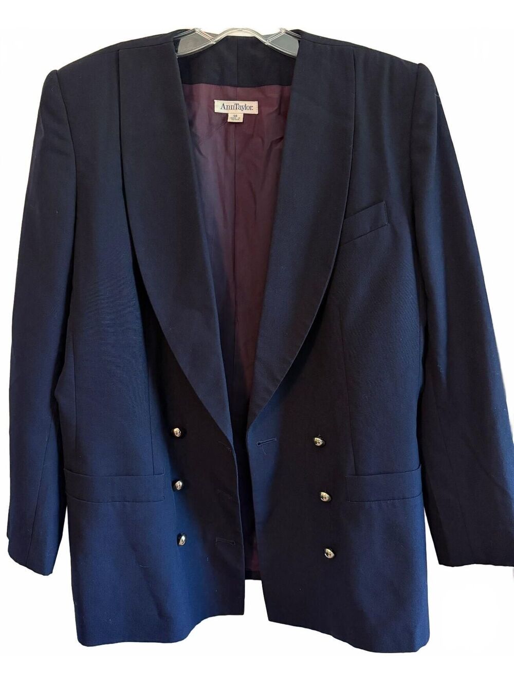 Vintage Ann Taylor Blazer 14 Navy 100% Wool Gold Button Double Breasted 90s - Picture 5 of 7